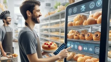 Uma padaria futurista com totens de autoatendimento e um cliente sorridente escolhendo produtos em uma tela digital. No fundo, funcionários usando equipamentos modernos na produção de pães e bolos, e prateleiras organizadas com produtos da panificação. A imagem mistura tecnologia e o calor humano do atendimento.