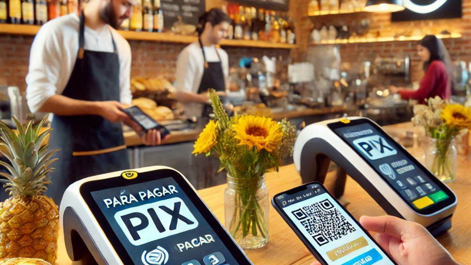 cena de uma padaria moderna com clientes no balcão utilizando Pix para pagar, exibindo smartphones e QR codes. O ambiente é acolhedor, com pães frescos e doces no balcão, com luz natural e uma atmosfera vibrante que remete à tecnologia e à tradição.